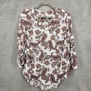Brina &‎ Em Women's Medium Paisley Print 3/4 Sleeve V-Neck Blouse Popover Top